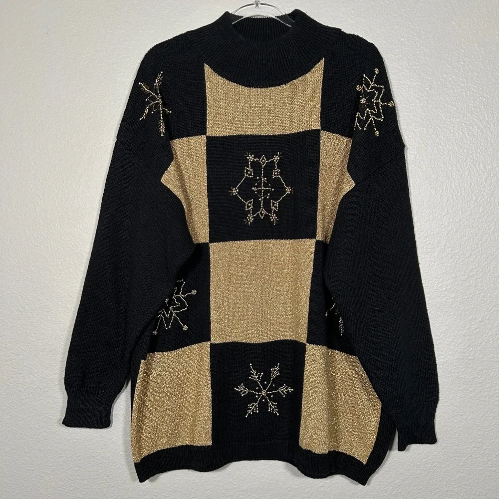 Maurada women size 2X Christmas sweater black gold beaded snowflake ramie VTG